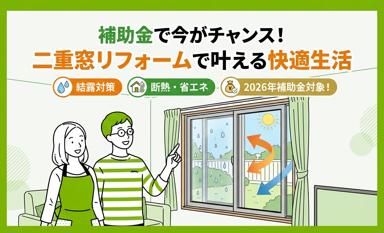 二重窓リフォームで結露や断熱対策をして快適になったリビングで喜ぶ夫婦のイラスト図解。「補助金で今がチャンス！」と、2026年の補助金活用もアピールするハピすむのアイキャッチ画像。