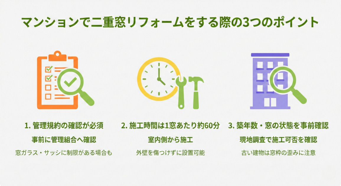 マンションでの二重窓リフォームに関する3つの重要なポイントをまとめたインフォグラフィック。タイトルは「マンションで二重窓リフォームをする際の3つのポイント」。左から順に、1. 「管理規約の確認が必須」（クリップボードと虫眼鏡のアイコン、事前に管理組合へ確認）、2. 「施工時間は1窓あたり約60分」（時計と工具のアイコン、室内側から施工）、3. 「築年数・窓の状態を事前確認」（ビルと虫眼鏡のアイコン、現地調査で施工可否を確認）と記載されている。