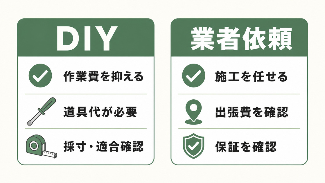 DIYは作業費を抑えられる一方で道具代と採寸確認が必要で、業者依頼は施工を任せられる一方で出張費と保証確認が必要と示す図