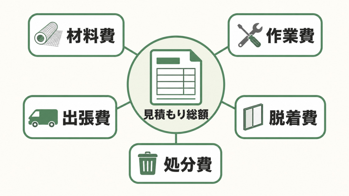 網戸張替えの見積もり総額を構成する材料費、作業費、出張費、脱着費、処分費の5項目を示す図