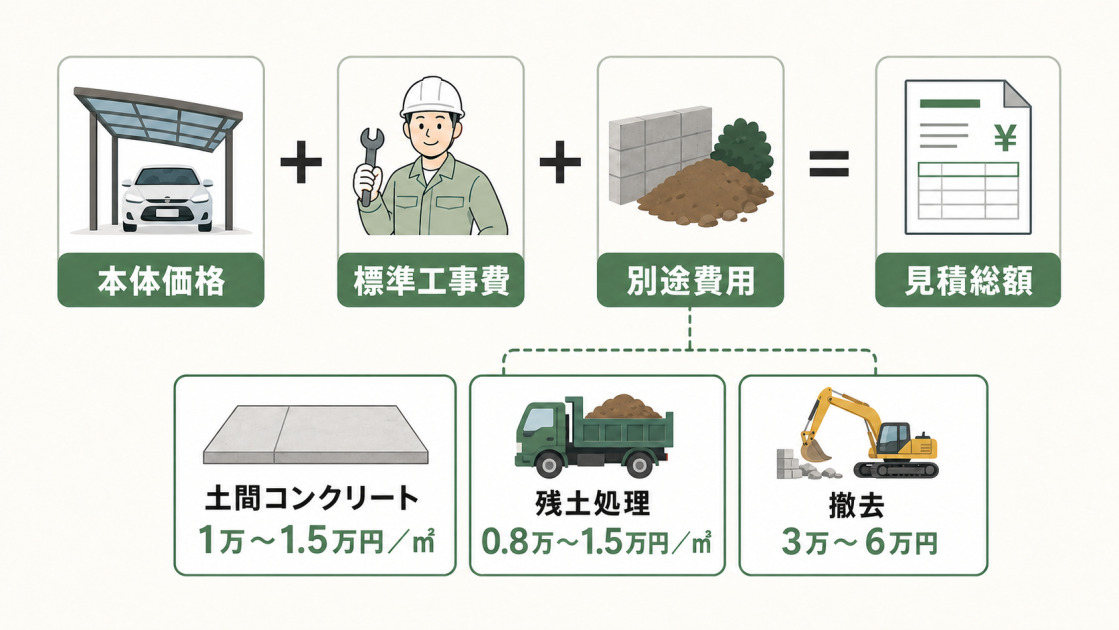 カーポートの見積総額が本体価格・標準工事費・別途費用で構成され、土間コンクリート・残土処理・撤去の費用目安を示す図