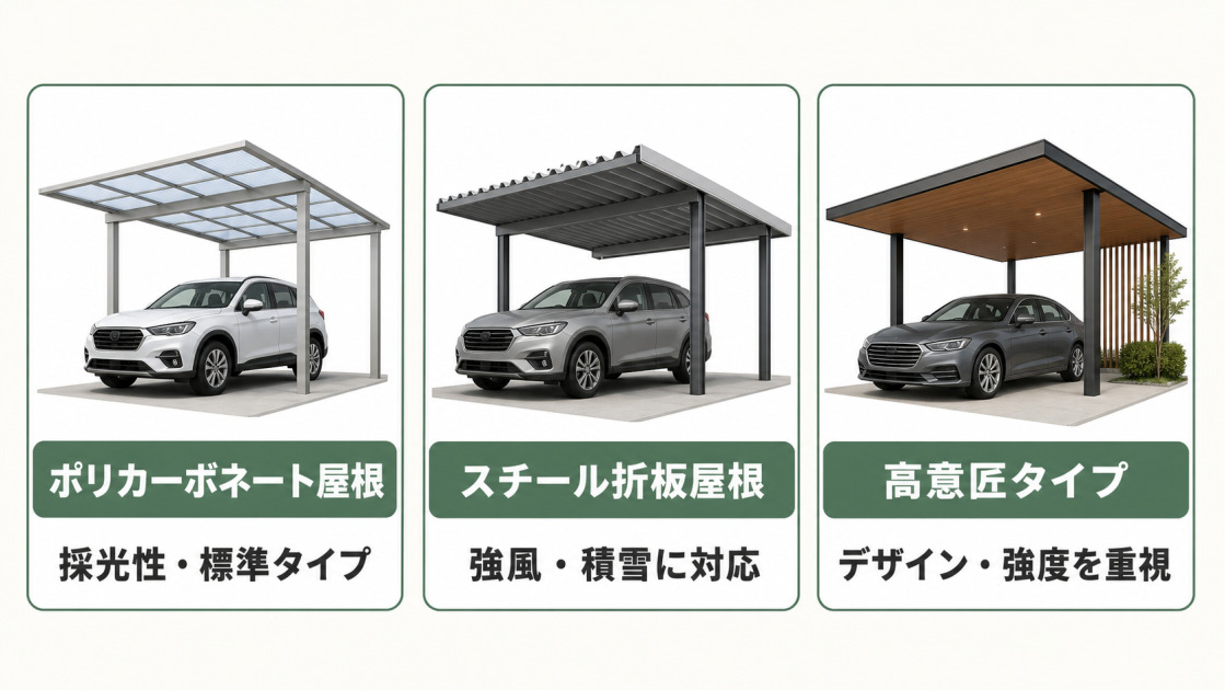 ポリカーボネート屋根、スチール折板屋根、高意匠タイプの特徴を比較した図