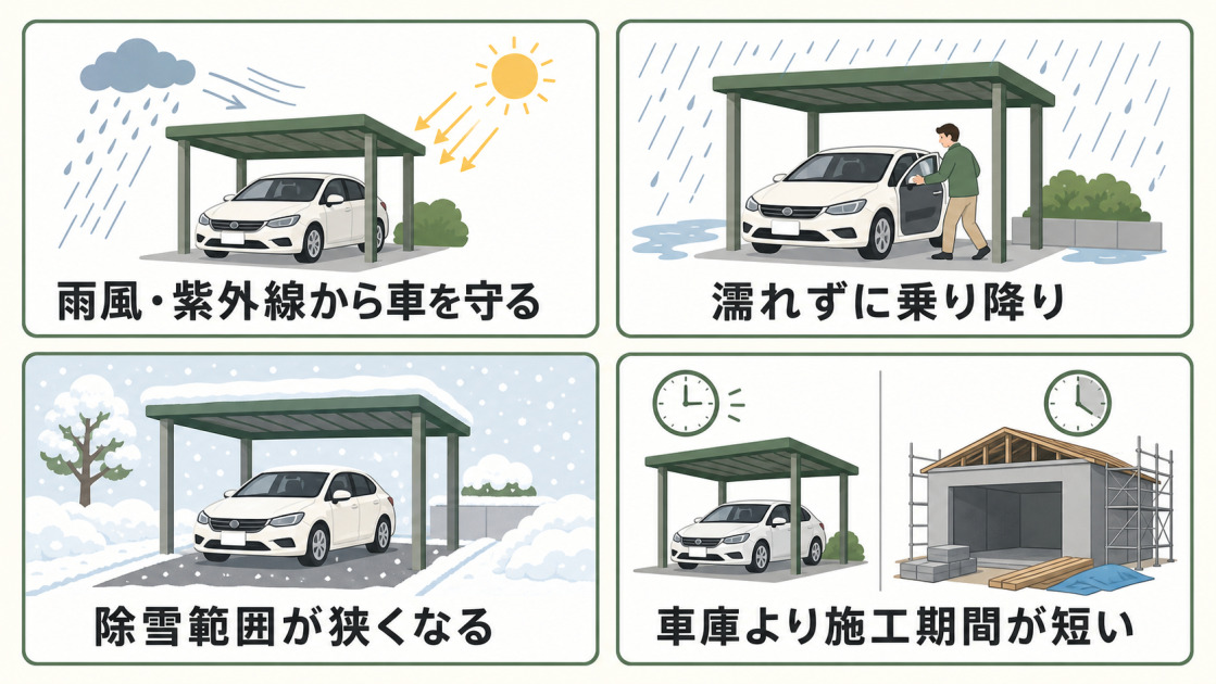 雨風や紫外線から車を守る、濡れずに乗り降りできる、除雪範囲が狭くなる、車庫より施工期間が短いという4つのメリットを示す図