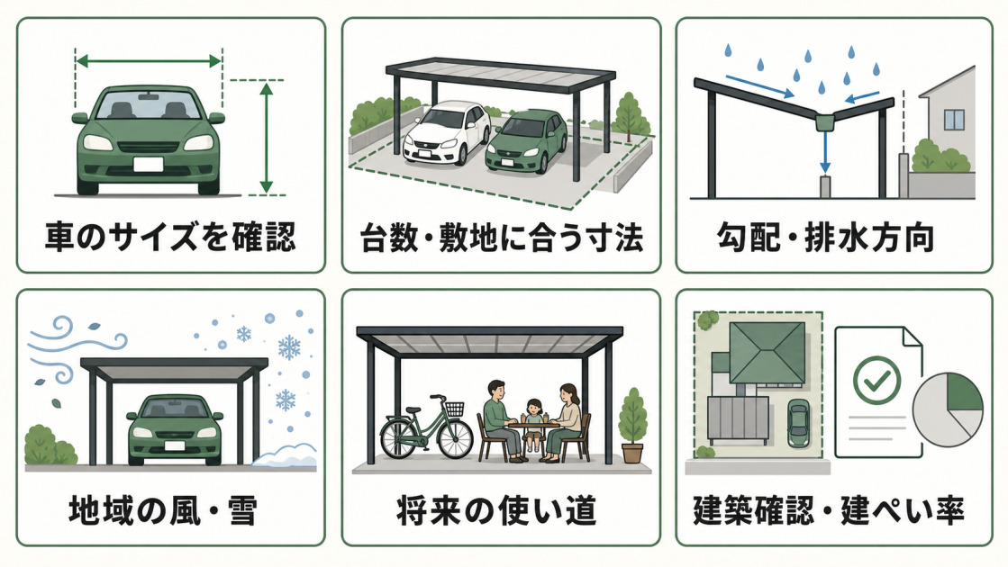 車のサイズ、台数と敷地に合う寸法、勾配と排水方向、地域の風雪、将来の使い道、建築確認と建ぺい率の6項目を示す図