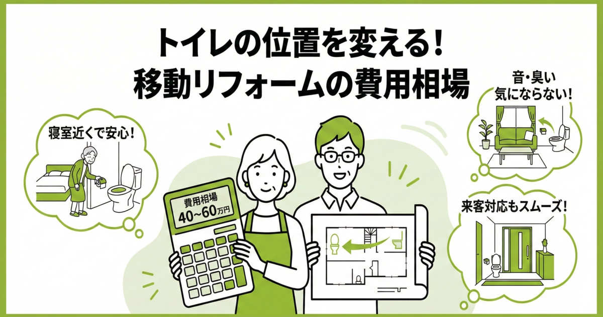 「トイレの位置を変える！移動リフォームの費用相場」のアイキャッチ画像。夫婦が笑顔で、費用目安（40〜60万円）を示す電卓と移動プランの図面を提示している。周囲には「寝室近くで安心」「音・臭い気にならない」「来客対応もスムーズ」といったリフォームによって解決される悩みのメリットがイラストで描かれている。