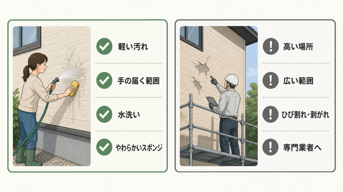 軽い汚れを手の届く範囲で水洗いややわらかいスポンジで掃除する場合と、高い場所・広い範囲・ひび割れや剥がれがある場合は専門業者へ相談する判断基準の図解