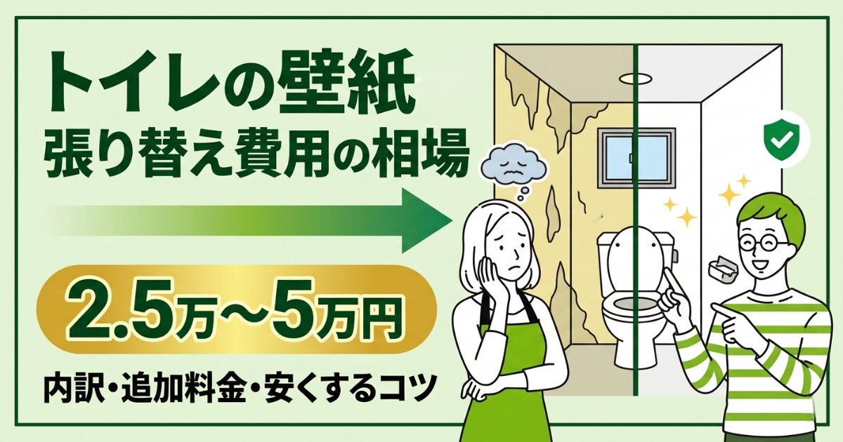 トイレの壁紙張り替え費用の相場を解説する記事のアイキャッチ画像。左側に「トイレの壁紙 張り替え費用の相場」の見出しと「2.5万〜5万円」の費用目安、「内訳・追加料金・安くするコツ」のテキスト。右側にbefore/afterのトイレイラスト（左半分が黄ばみや汚れのある古い壁紙、右半分がきれいに張り替えた白い壁紙）と、悩む女性と説明する男性のキャラクター。