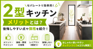2型キッチンのメリットやデメリット、後悔しやすい点や価格、レイアウトを解説するサムネイル画像