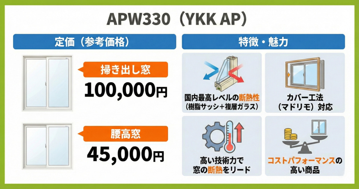 YKK AP製樹脂サッシ「APW330」の価格と特徴の図解。掃き出し窓100,000円、腰高窓45,000円。国内最高レベルの断熱性（樹脂サッシ＋複層ガラス）、カバー工法（マドリモ）対応、高い技術力、コストパフォーマンスの高さを紹介。