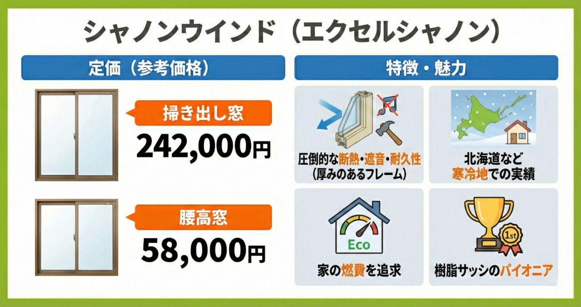 エクセルシャノン製樹脂サッシ「シャノンウインド」の価格と特徴の図解。掃き出し窓242,000円、腰高窓58,000円。厚みのあるフレームによる圧倒的な断熱・遮音・耐久性、北海道など寒冷地での実績、家の燃費追求、樹脂サッシのパイオニアであることを紹介。