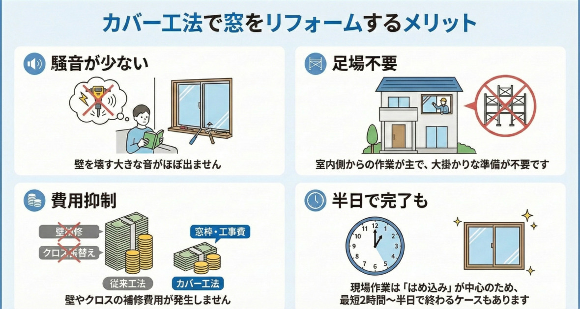 カバー工法で窓をリフォームする4つの主要なメリットを説明するインフォグラフィック。タイトルは「カバー工法で窓をリフォームするメリット」。

左上段：「騒音が少ない」。スピーカーのアイコンと、壁を壊すドリルに×印がついたイラストがあり、作業中の部屋で静かに読書をする人の様子が描かれている。テキストは「壁を壊す大きな音がほぼ出ません」。

右上段：「足場不要」。足場のアイコンに×印があり、2階の窓から作業員が室内側から作業をしている家のイラストが描かれている。外部には足場が組まれていない。テキストは「室内側からの作業が主で、大掛かりな準備が不要です」。

左下段：「費用抑制」。お金のアイコンがあり、札束と硬貨の山が2つ比較されている。左側の高い山は「従来工法」で、「壁補修」「クロス張替え」に×印がつき、費用がかさむことを示唆。右側の低い山は「カバー工法」で、「窓枠・工事費」のみで費用が抑えられていることを示す。テキストは「壁やクロスの補修費用が発生しません」。

右下段：「半日で完了も」。時計のアイコンがあり、9:00から13:00を指す時計のイラストと、その間に新しい窓が完成する様子が描かれている。「最短2時間～」という表示もある。テキストは「現場作業は『はめ込み』が中心のため、最短2時間～半日で終わるケースもあります」。