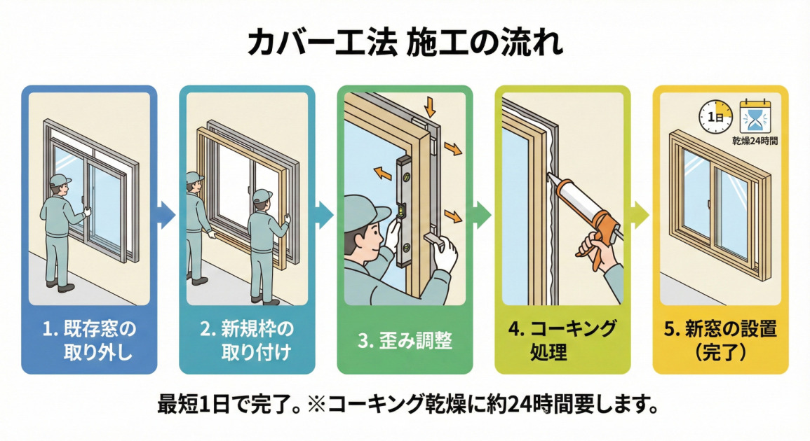 カバー工法による窓リフォームの5つの施工手順を示すイラスト図解。「1.既存窓の取り外し」「2.新規枠の取り付け」「3.歪み調整」「4.コーキング処理」「5.新窓の設置（完了）」という流れが順を追って描かれている。下部には「最短1日で完了。※コーキング乾燥に約24時間要します。」という注釈がある。