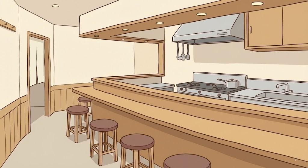 厨房設備やカウンターが残された店舗用居抜き物件の内観イラスト