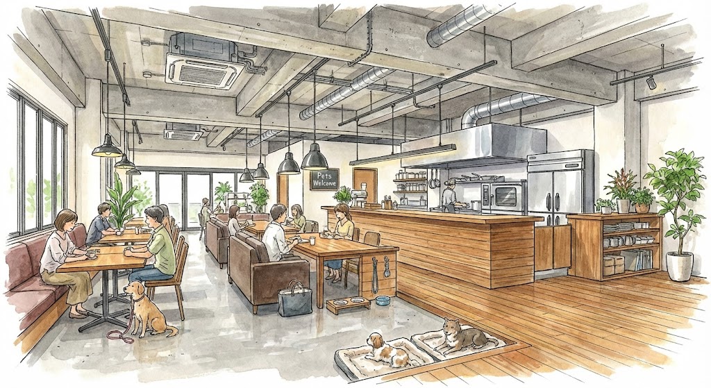 倉庫のスケルトン物件をリノベーションして作られた、動物同伴OKのカフェ（ドッグカフェ）の内装イラスト。コンクリート打ちっぱなしの天井や配管を活かしつつ、木製の厨房や客席を新設した様子