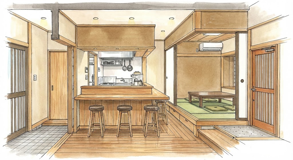 住居の1階部分をリノベーションして作られた和風飲食店の内観パース図。木製のカウンター3席、奥の厨房、4人座れる畳の小上がり席、そして右側には住居用とは別に設けられた店舗用の入り口が描かれている