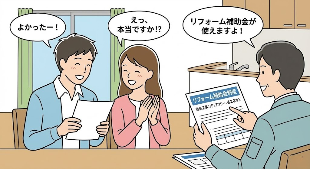 夫婦がリフォーム補助金が利用できることをリフォーム会社から教えてもらい、喜んでいる様子