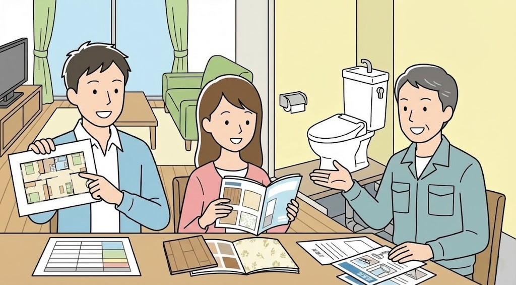 現状の間取りをそのままに、床や壁紙や水回り設備だけを一新して、リフォーム費用を安くすませるプランを、リフォーム業者と打合せしている様子