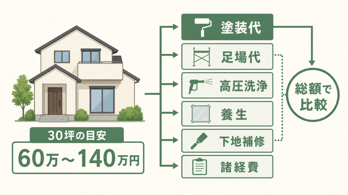 シリコン塗料による外壁塗装の費用について、30坪の総額目安と塗装代・足場代・高圧洗浄などの内訳を示した図解
