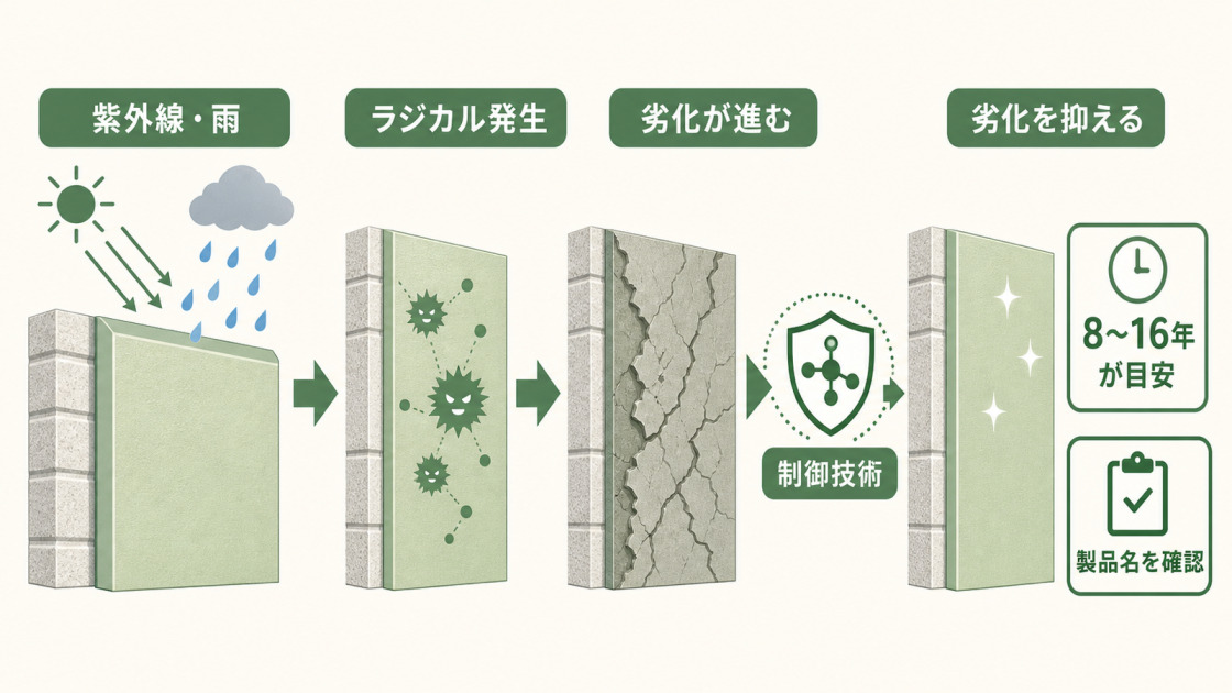 ラジカル制御型シリコン塗料について、紫外線や雨によるラジカル発生と劣化抑制の仕組みを示した図解