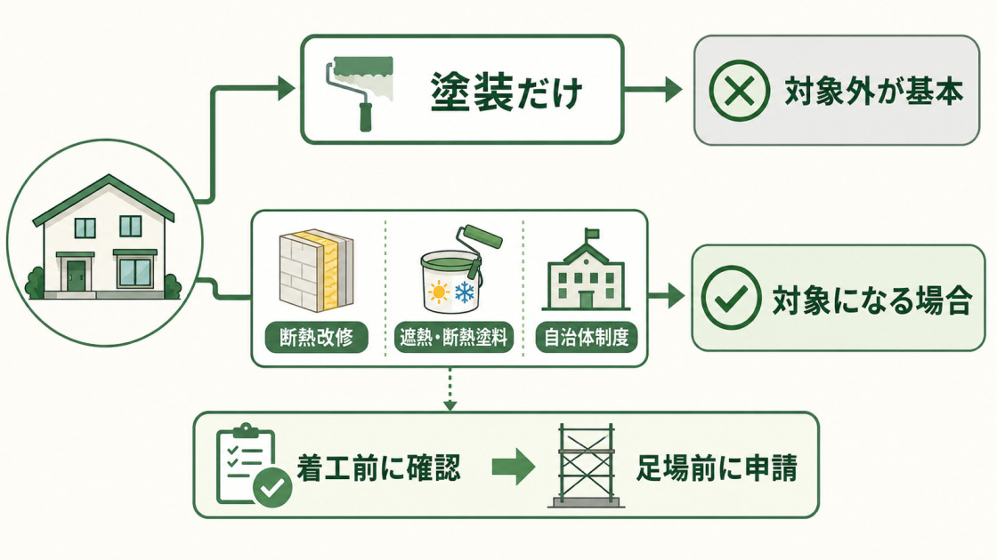 外壁塗装の補助金について、塗装だけは対象外が基本で、省エネ改修や自治体制度は対象になる場合があることを示した図解