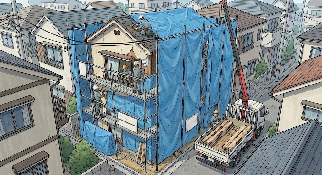 東京都内の狭小3階建て戸建住宅のリフォームをしている様子