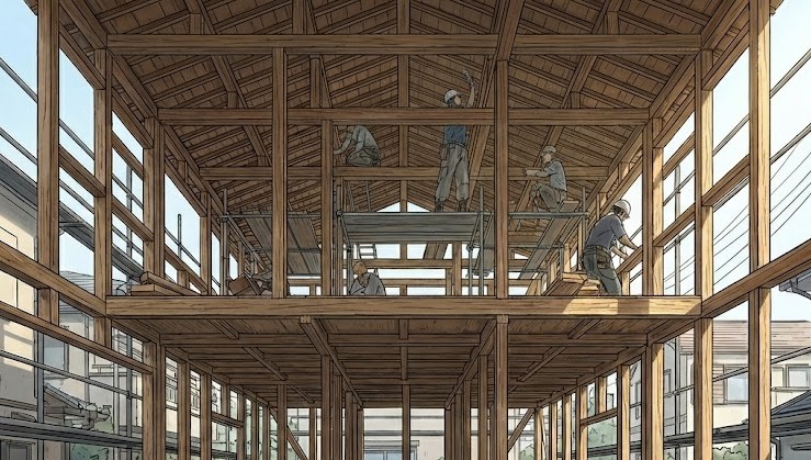 東京の狭小3階建の木造戸建てを屋根と骨組みだけ残してスケルトン状態にしてリフォーム工事をしている様子