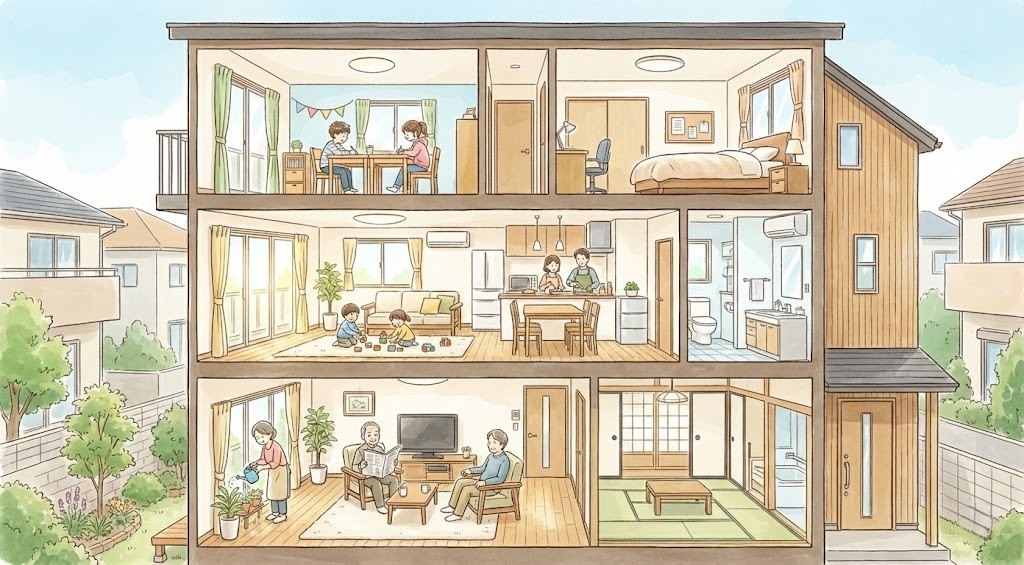 3階建ての二世帯住宅のイラスト