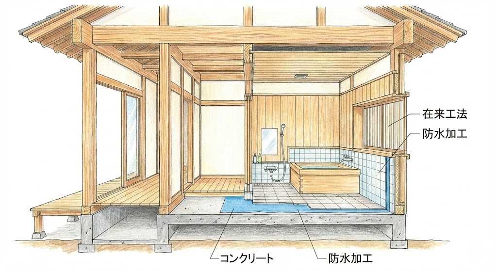 浴室のスペースをに防水加工を施したイラスト