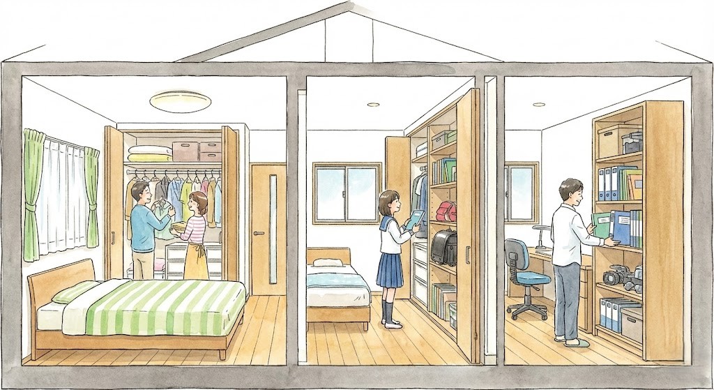 3LDKにリノベーションすると、家族それぞれの収納スペースを確保できるのもメリット