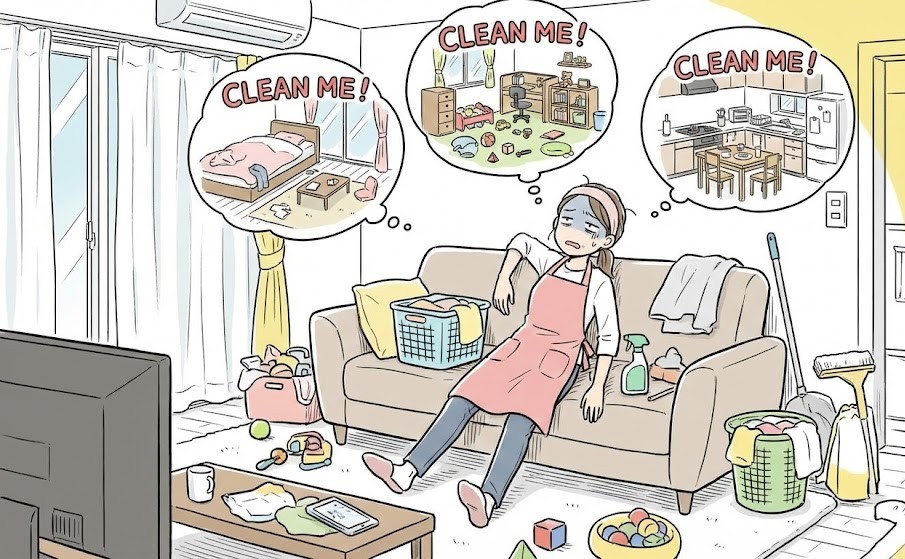 3LDKで部屋数が多くて、掃除が大変そうなお母さん