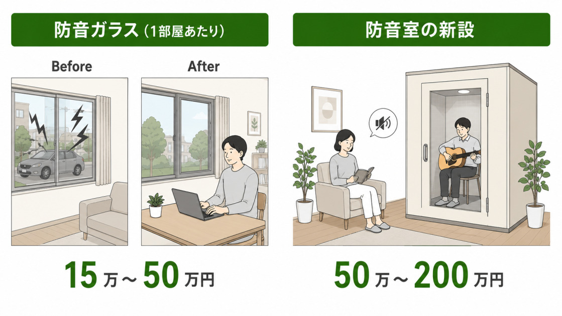 防音ガラスは1部屋あたり15万〜50万円、防音室の新設は50万〜200万円という防音リフォーム2タイプの費用を利用シーンで示した図解。