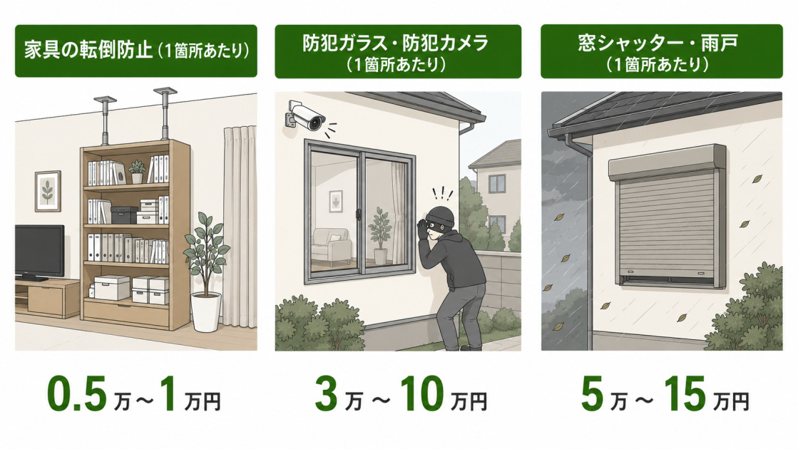 家具の転倒防止0.5万〜1万円、防犯ガラス・カメラ3万〜10万円、窓シャッター・雨戸5万〜15万円という防災・防犯リフォーム3タイプの費用図解。