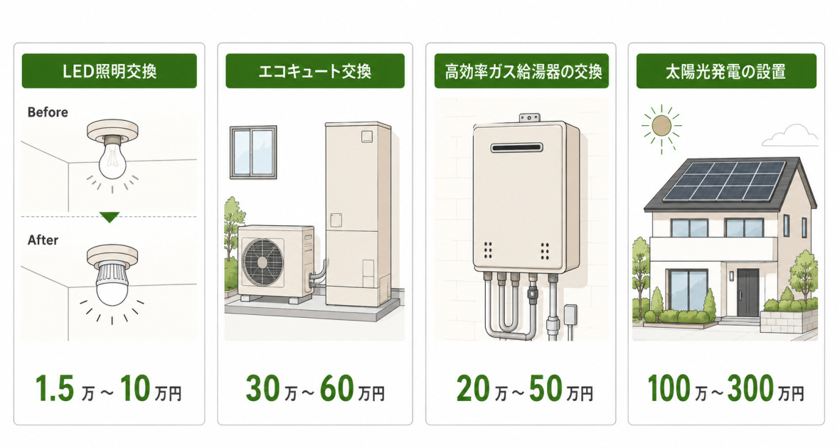 LED照明交換1.5万〜10万円、エコキュート交換30万〜60万円、高効率ガス給湯器20万〜50万円、太陽光発電100万〜300万円というエコリフォーム費用の図解。