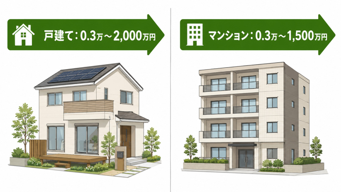 戸建ては0.3万〜2,000万円、マンションは0.3万〜1,500万円というリフォーム費用レンジを建物イラストで比較した図解。