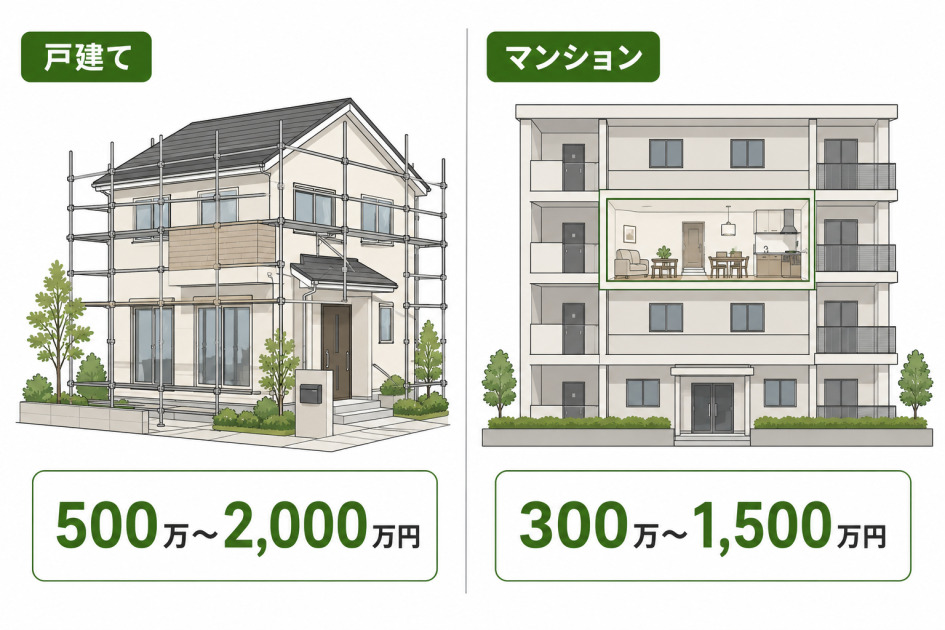 戸建てのフルリフォームは500万〜2,000万円、マンションは300万〜1,500万円という費用相場を建物イラストで比較した図解。