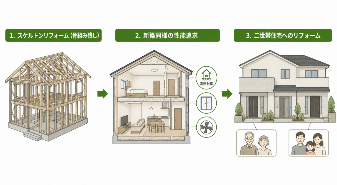 骨組みを残すスケルトンリフォームから新築同様の性能追求、二世帯住宅へのリフォームへと進む戸建てリフォームの流れを示した図解。