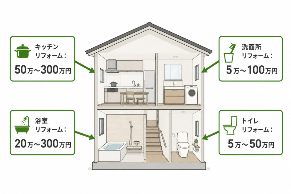 キッチン50万〜300万円、浴室20万〜300万円、洗面所5万〜100万円、トイレ5万〜50万円という水まわり4部位の費用相場を住宅断面図で示した図解。