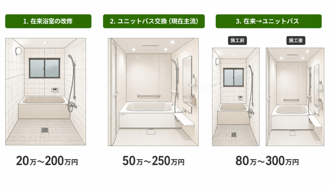 在来浴室の改修20万〜200万円、ユニットバス交換50万〜250万円、在来からユニットバスへの変更80万〜300万円という浴室リフォーム3パターンの費用図解。