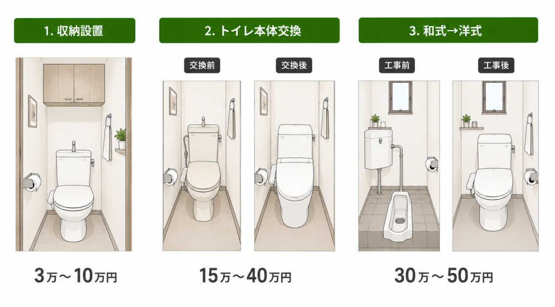 収納設置3万〜10万円、トイレ本体交換15万〜40万円、和式から洋式へ30万〜50万円というトイレリフォーム3パターンの費用を示した図解。