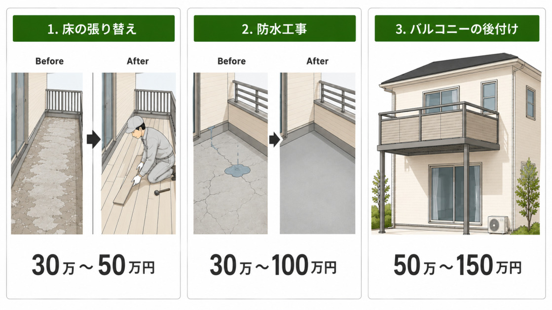 床の張り替え30万〜50万円、防水工事30万〜100万円、バルコニーの後付け50万〜150万円というバルコニーリフォーム3種の費用を示した図解。