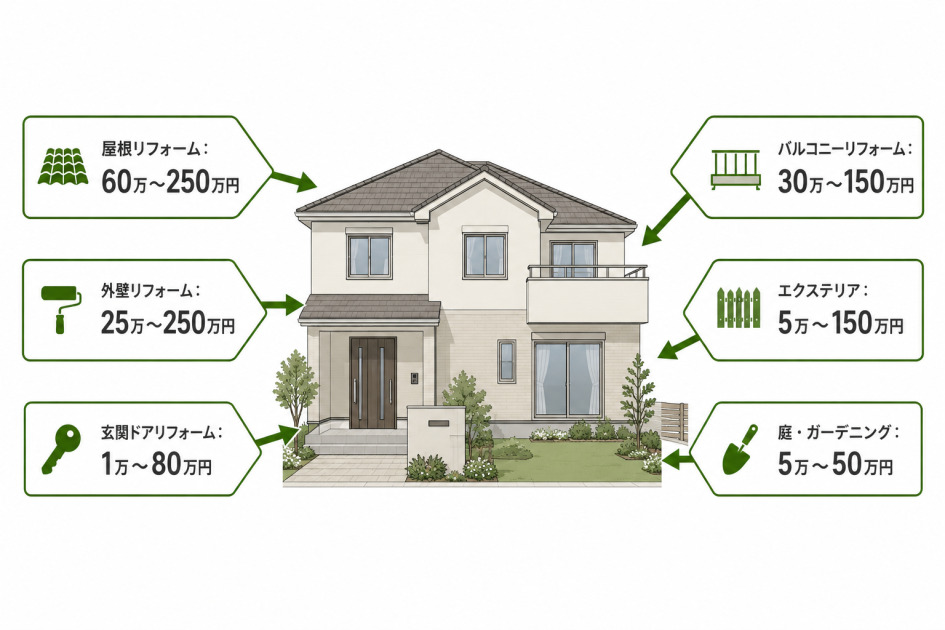 屋根60万〜250万円、外壁25万〜250万円、玄関ドア1万〜80万円、バルコニー30万〜150万円、エクステリア5万〜150万円、庭5万〜50万円という外まわり6部位の費用相場の図解。