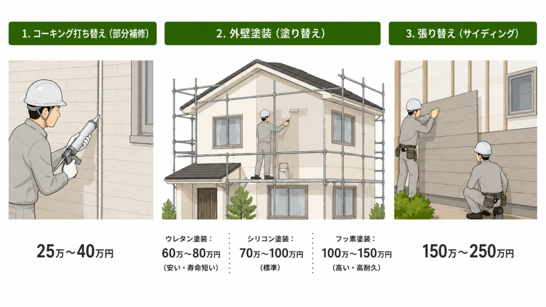 コーキング打ち替え25万〜40万円、外壁塗装はウレタン60万〜80万円・シリコン70万〜100万円・フッ素100万〜150万円、張り替え150万〜250万円という外壁リフォームの費用図解。