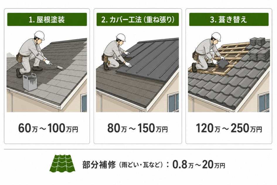 屋根塗装60万〜100万円、カバー工法80万〜150万円、葺き替え120万〜250万円、部分補修0.8万〜20万円という屋根リフォーム工法別の費用を示した図解。
