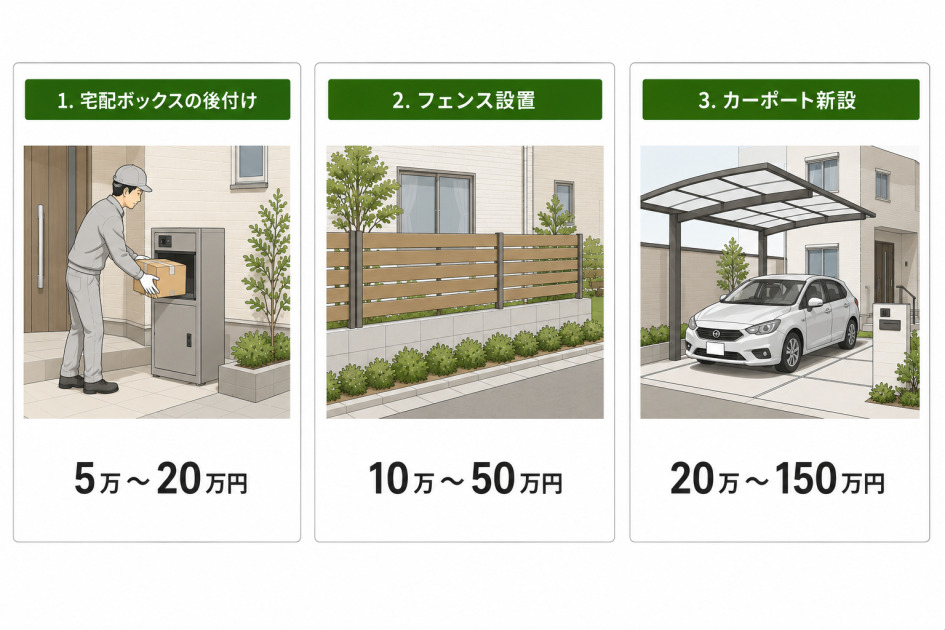 宅配ボックスの後付け5万〜20万円、フェンス設置10万〜50万円、カーポート新設20万〜150万円というエクステリア3種の費用を示した図解。