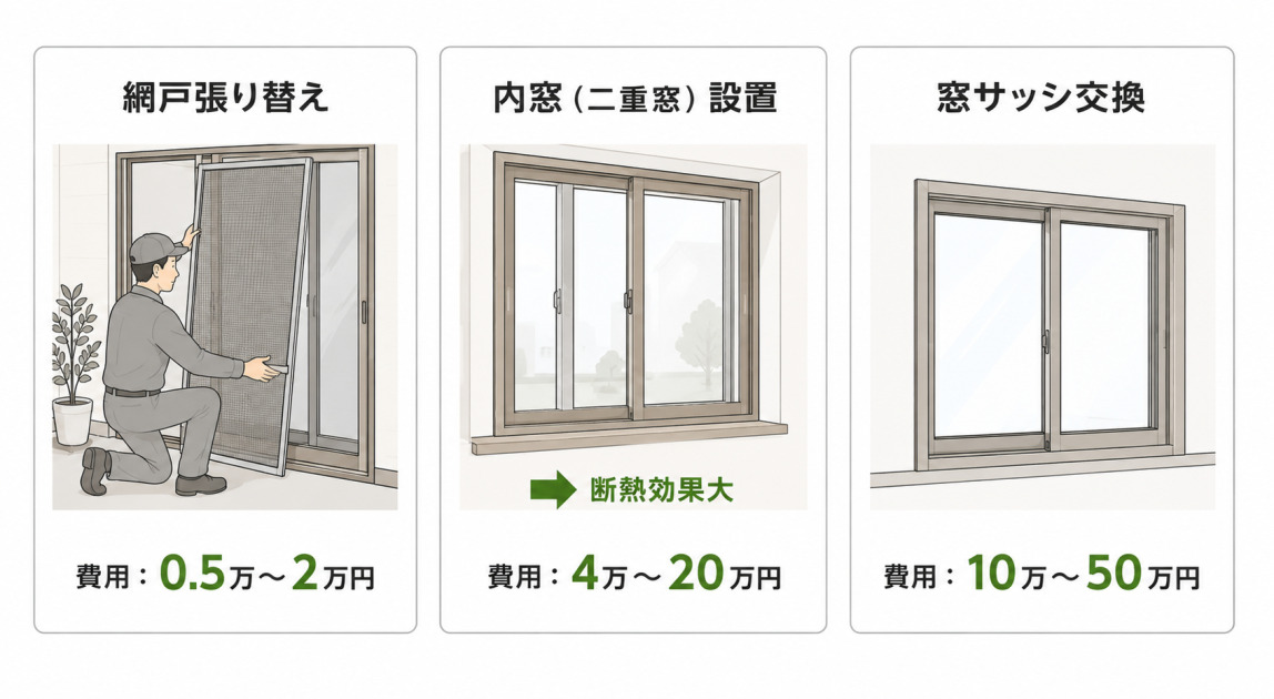 網戸張り替え0.5万〜2万円、断熱効果が大きい内窓設置4万〜20万円、窓サッシ交換10万〜50万円という窓サッシリフォーム3種の費用を示した図解。