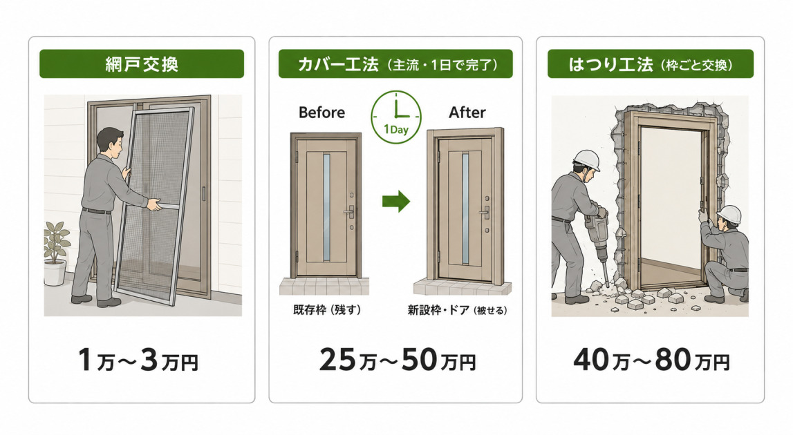 網戸交換1万〜3万円、1日で完了するカバー工法25万〜50万円、枠ごと交換するはつり工法40万〜80万円という玄関ドアリフォーム3工法の費用図解。