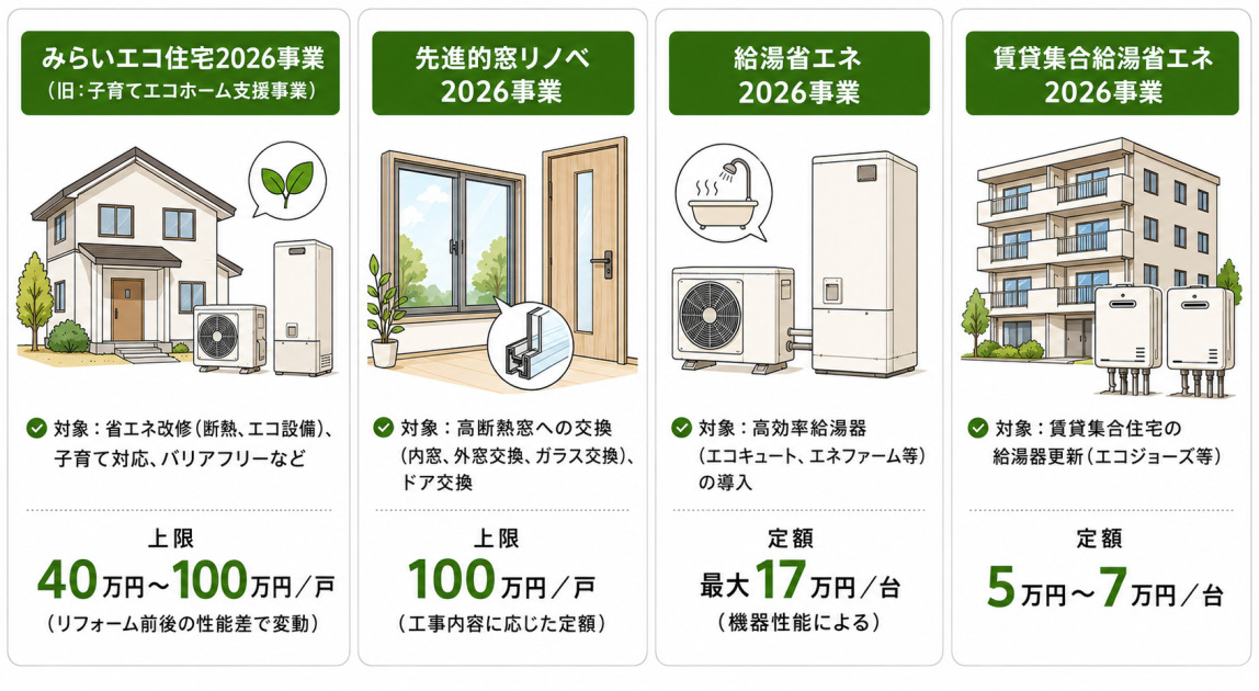 みらいエコ住宅2026事業（上限40万〜100万円／戸）、先進的窓リノベ2026事業（上限100万円／戸）、給湯省エネ2026事業（最大17万円／台）、賃貸集合給湯省エネ2026事業（5万〜7万円／台）の対象と上限額を示した補助金制度の図解。