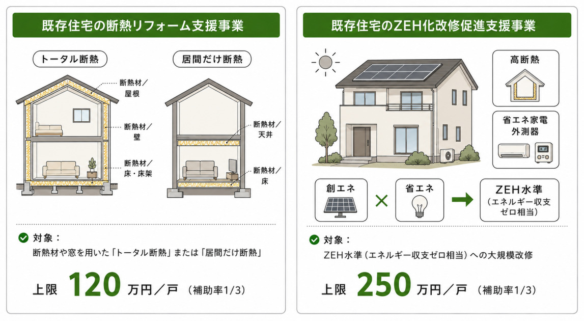 既存住宅の断熱リフォーム支援事業（上限120万円／戸・補助率1/3）と、ZEH化改修促進支援事業（上限250万円／戸・補助率1/3）の対象と上限額を示した補助金制度の図解。