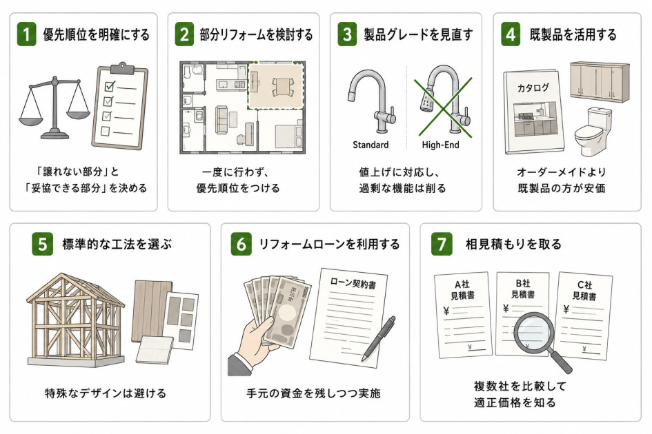 優先順位を明確にする、部分リフォームを検討する、製品グレードを見直す、既製品を活用する、標準的な工法を選ぶ、リフォームローンを利用する、相見積もりを取るという、リフォーム費用を抑える7つのコツを示した図解。