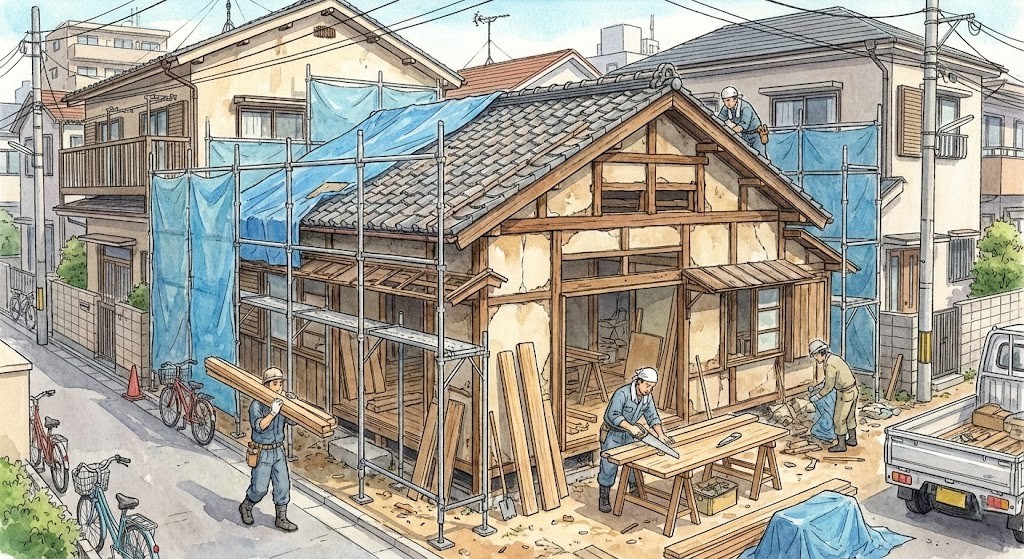 密集した住宅街にある築年数の古い木造住宅で、足場と青い養生シートが組まれ、複数の大工が木材を運んだり、のこぎりで加工したり、屋根で作業したりしているリフォーム工事現場のイラスト